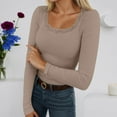 thumbnail image 2 of Likimi Womens T-Shirts With Lace Trim Square Neck Solid Color Long Sleeve T Shirts For Women Slim Fit Comfortable Tops Beige Size L, 2 of 3