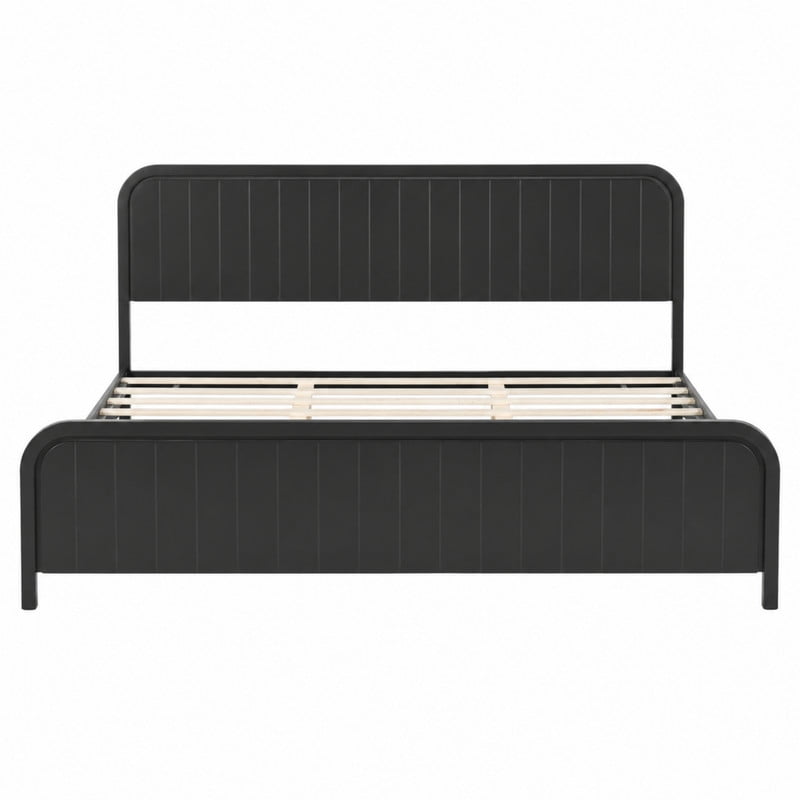 King Size Low Profile Bed Frame with Striped Headboard & Footboard, Wood Platform Bed with Slats Support & 7'' Under-Bed Space