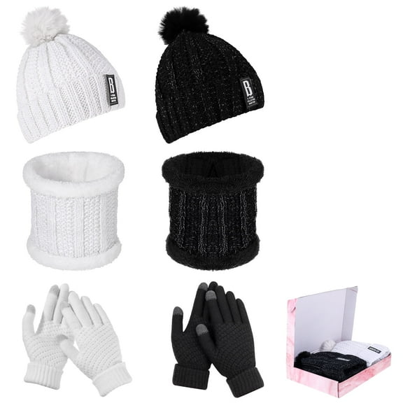 Taihexin 2 Set Women Winter Hat Gloves Scarf Set, 6 in 1 Winter Knit Beanie Hat Touch Screen Gloves Set, Knit Slouchy Beanie Cap & Neck Warmer & Screen-Touch Texting Gloves