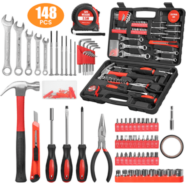 148-Piece Tool Set General Household Hand Kit with Plastic Toolbox Storage Case, Mechanic Basic Home Tool Kit for Men and Women, Includes All Essential Repair Tools for Home Garage and Office, Red