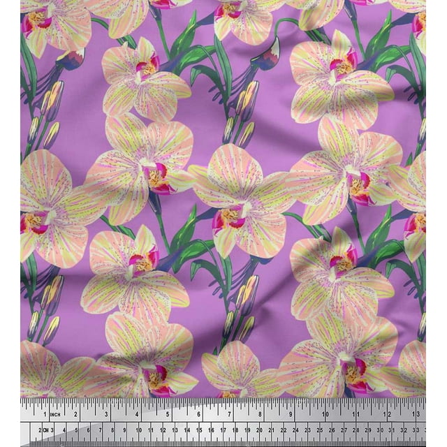 Soimoi Satin Silk Fabric Leaves & Orchids Floral Print Fabric by Yard 42 Inch Wide