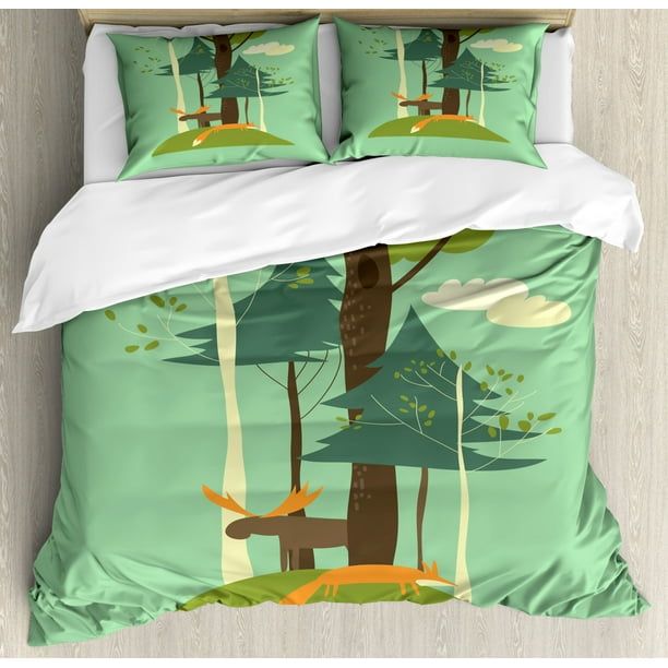 Kids Boys Queen Size Duvet Cover Set, Elk and Fox in the Forest Blossoming Spring Season Fir