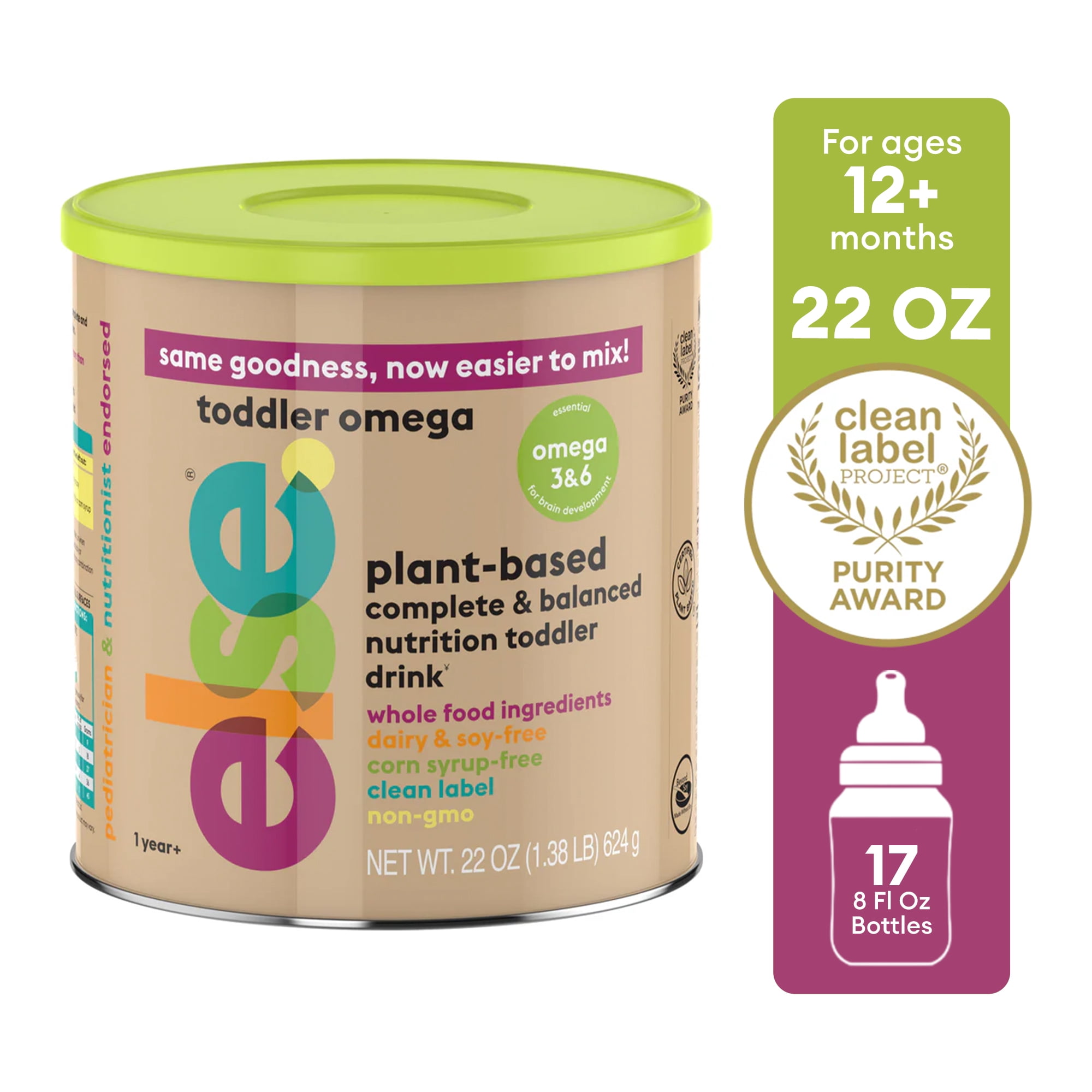 Else Nutrition Toddler Formula w/ Omega 3&6 - Dairy & Lactose Free, Plant-Based (22oz, 1-Pack)