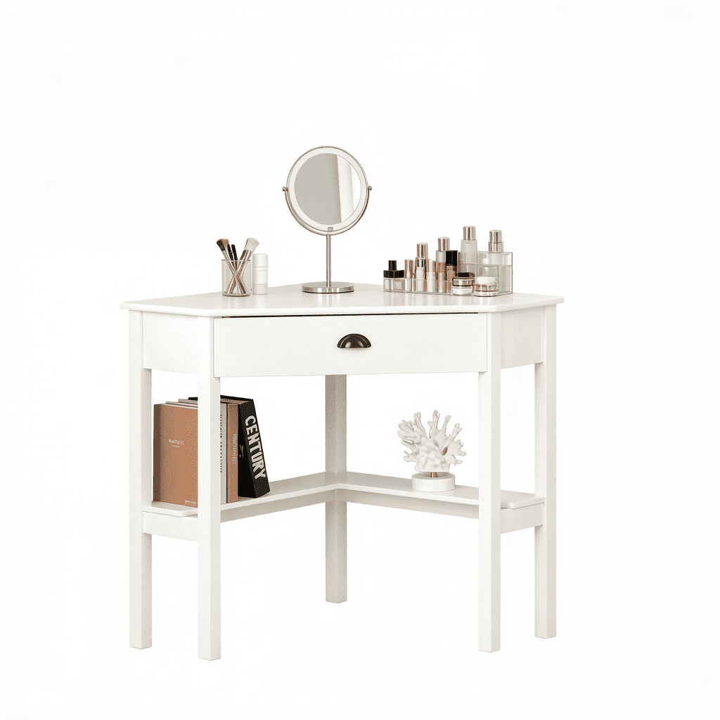 Triangle Corner Vanity Desk, P2 MDF Space Saving Dressing Table with Drawer & Open Storage Shelves, Multi-Functional Corner Computer Writing Table for Bedroom Living Room Apartment