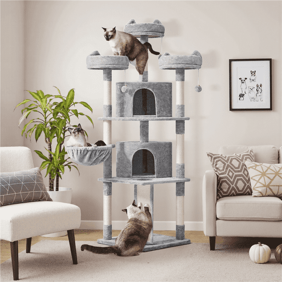 Yaheetech 76''H Multilevel Large Cat Tree with Scratching Post, Condos & Basket, Light Gray