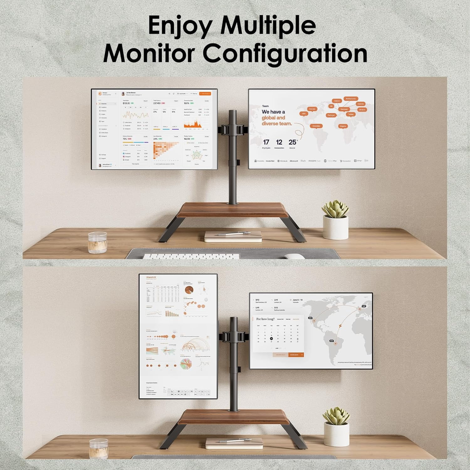 Dual Monitor Stand Riser for 12-27 Inch Screens, Freestanding Adjustable Mount with Wood Platform, VESA 75x75/100x100mm, Holds  to 22lbs Each Arm