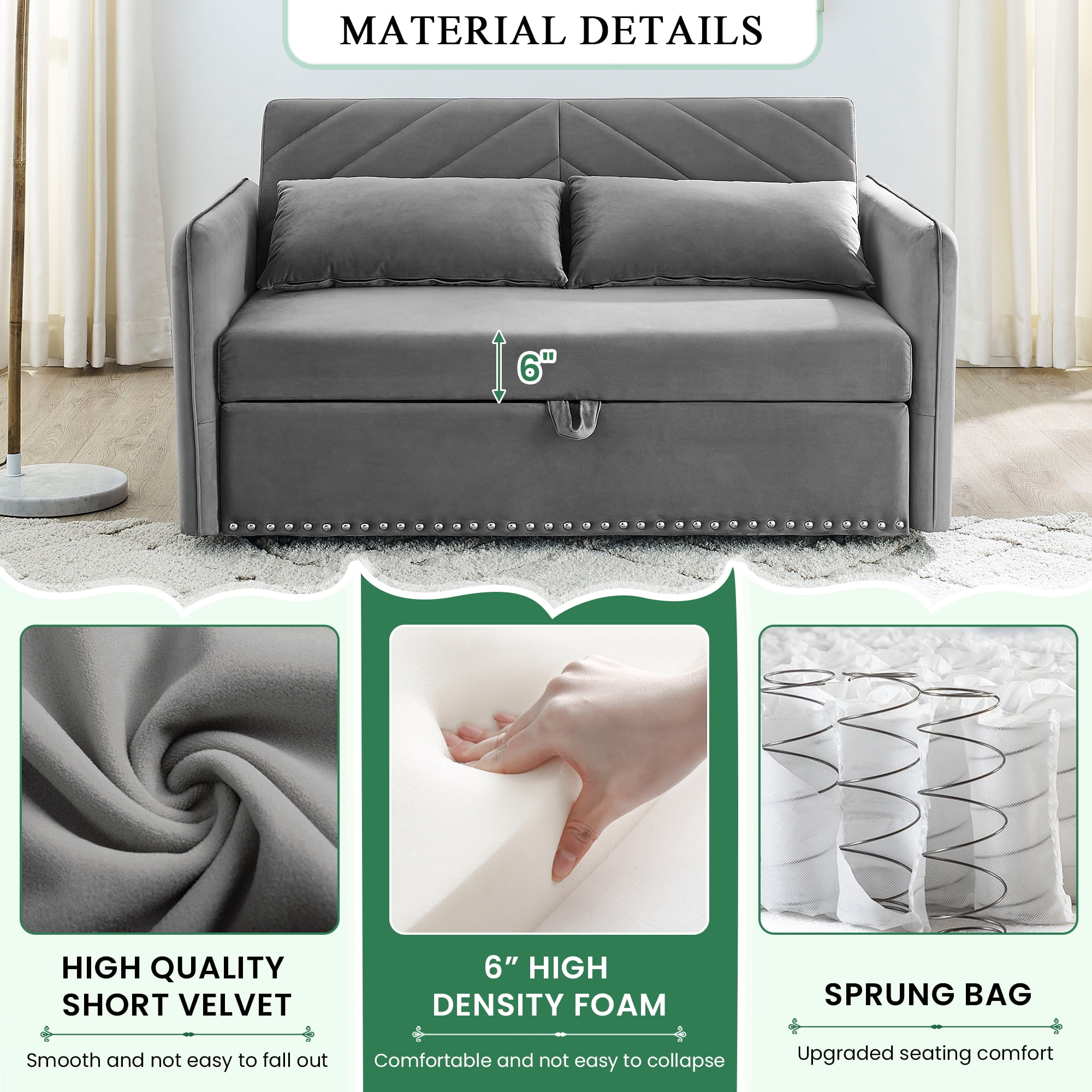 Dinosisco Convertible Sleeper Loveseat with USB, 55" Velvet Futon Sofa Bed, Gray