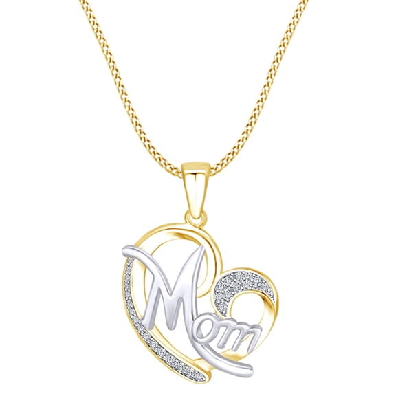 AFFY Mother's Day Jewelry Gift Round White Cubic Zirconia Two Tone Mom Heart Pendant Necklace In 14k Yellow Gold Over Sterling Silver