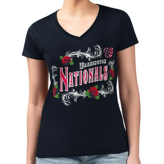 Women's G-III 4Her by Carl Banks Navy Washington Nationals Super-Slim Fit Lightweight Retro Roses V-Neck T-Shirt