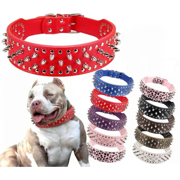 Hoot PU Leather Adjustable Spiked Studded Dog Collar 2" Wide 37 Spikes (M(Neck 19"-22"),Red)