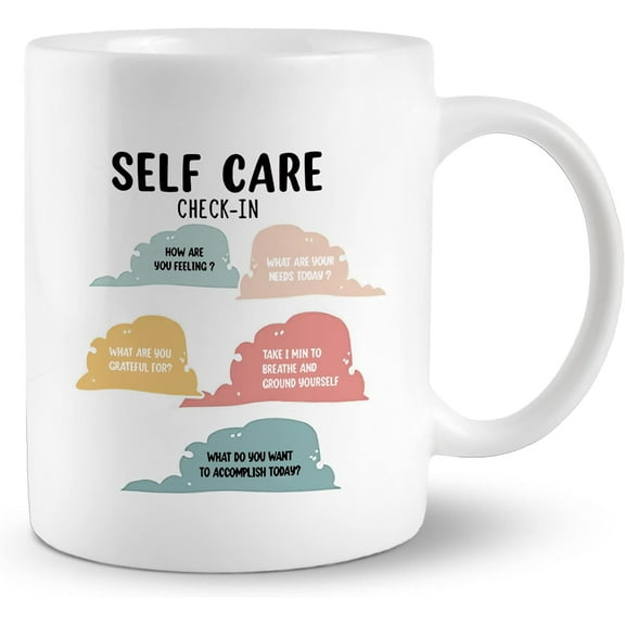 Self Care Check-In Control 11 Ounces Ceramic Mug Cup, Mental Health Coffee Tea Mug Cup, Home Girls Room Mental Health Therapist Office Decor, Daily Affirmations Art Gifts, Teens Girls Gifts