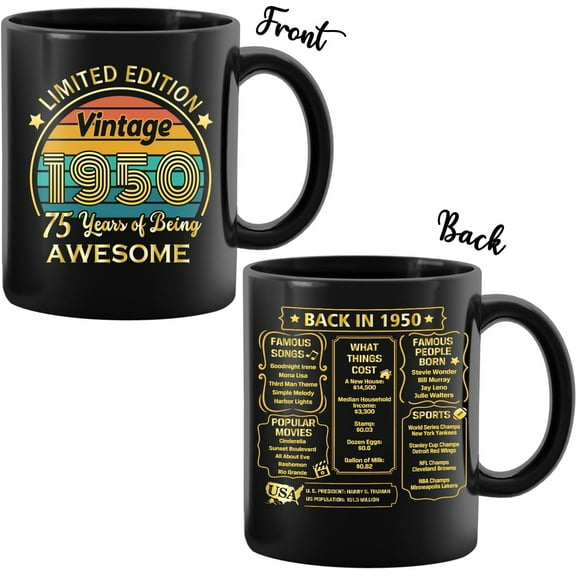 75th Birthday Coffee Mug Gifts for Men and Women - Vintage 1950 Best Gifts for Her, Him, Mom, Dad, Grandma, Grandpa Mug 11oz