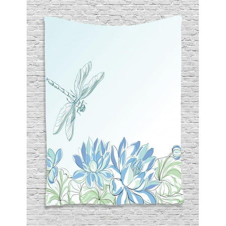Dragonfly Wall Hanging Dragonfly Tapestry, Waterlilies Flowers and Dragonflies Simplistic Design Eco Nature Theme Artwork, Wall Hanging for Bedroom Living Room Dorm Decor, Blue Green, by Ambesonne ()