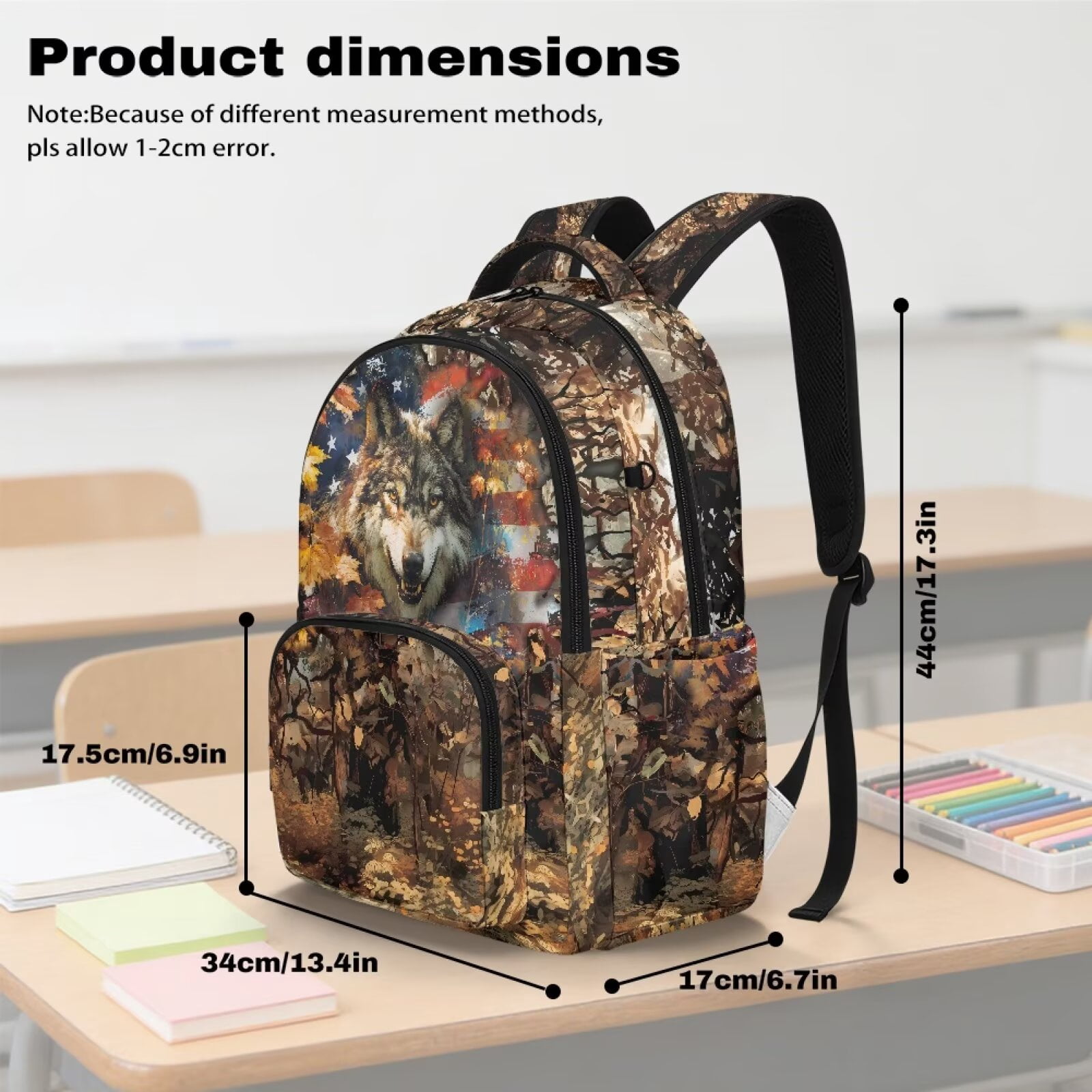 Xixirimido American Flag Wolf Forest Camo Print 17" Kids Backpack for Boys & Girls Large School Bags with Multi Pockets Elementary Middle High School Student Bookbag