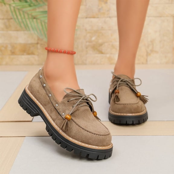 Willtoo Women's Suede Platform Chunky Heel Loafers Beaded Lace Up Comfortable Shoes Round Toe Anti-Slip Walking Shoes Casual Slip On Fashion Shoes