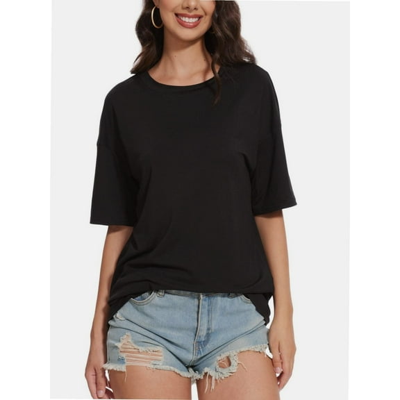 Women's Oversized T-Shirt - Crewneck Short Sleeve Loose Fit Tee - Solid Color Casual Top