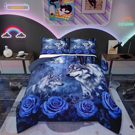 Wolf Couple Bedding Set Twin Moon Blue Rose Flower Bedding Comforter Sets Adults Men Women,Woodland Animal Comforter Set Tree Branches Wildlife Quilt Duvet Bedroom Decor 2 Pcs