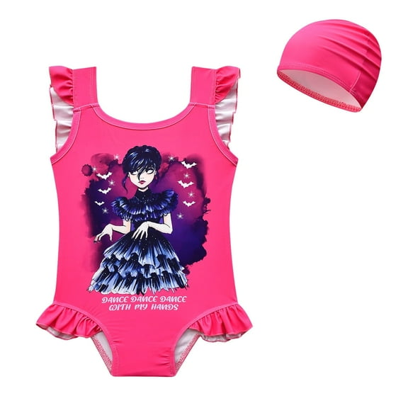 Girls Wednesday Addams Swimsuit One Piece Bathing Suit Kids Summer Hawaiian Swimwear for 3-10 Years Old