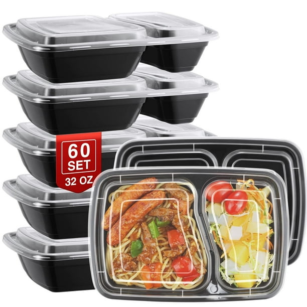 BagDream 60 Pack 32 oz Meal Prep Container, 2 Compartment Disposable