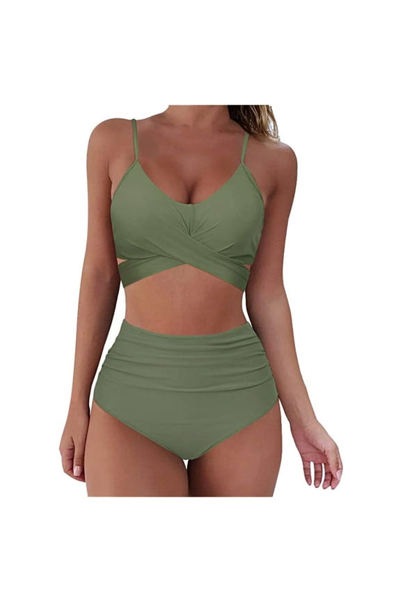 Pitauce Womens Swim Suits Print Cute Bathing Suits for Teen Girls Two Pieces Bikini Set for Women High Waisted Army Green S