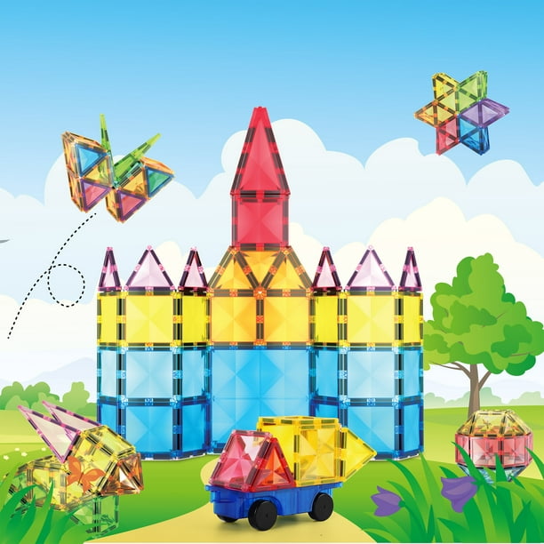 PicassoTiles 63 Piece Magnetic Building Block Construction Toy Set Diamond Magnet Tile Blocks with Car Truck STEM Learning Kit Early Education