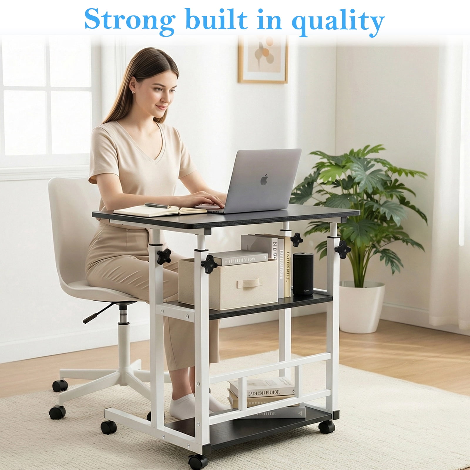 32 Inch Rolling Desk Black Adjustable Height Small Standing Desk on Wheels with Storage Shelves Portable Computer Desk for Home Office Study Small Spaces