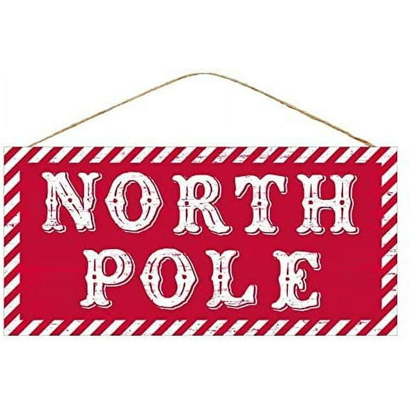 Striped North Pole Christmas Sign - 12.5" x 6", Red, White, Candy Cane Stripes, Wreath, Front Door Decoration, Office, Christmas Tree Lot