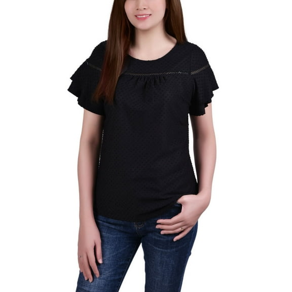 NY Collection Petite Short Double Flutter Sleeve Swiss Dot Top Black PM
