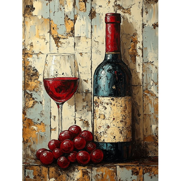 Red Wine Grapes and Bottle Canvas Painting，Suitable for Dining Room，Kitchen，Wine Cellar，Bar，Restaurant Decoration