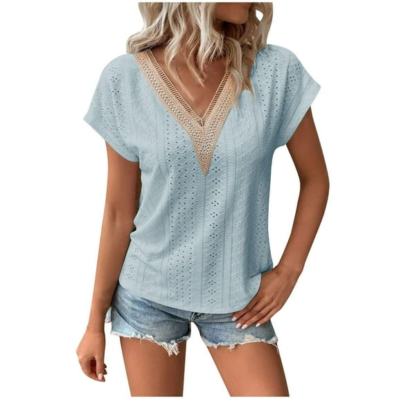 Cqxid525 Summer Savings Clearance womens short sleeve tops Womens Summer Tops Casual Short Sleeve Shirts Crochet V Neck Blouses Fashion Patchwork Eyelet Tunic Top Tee Casual Blouses for Women