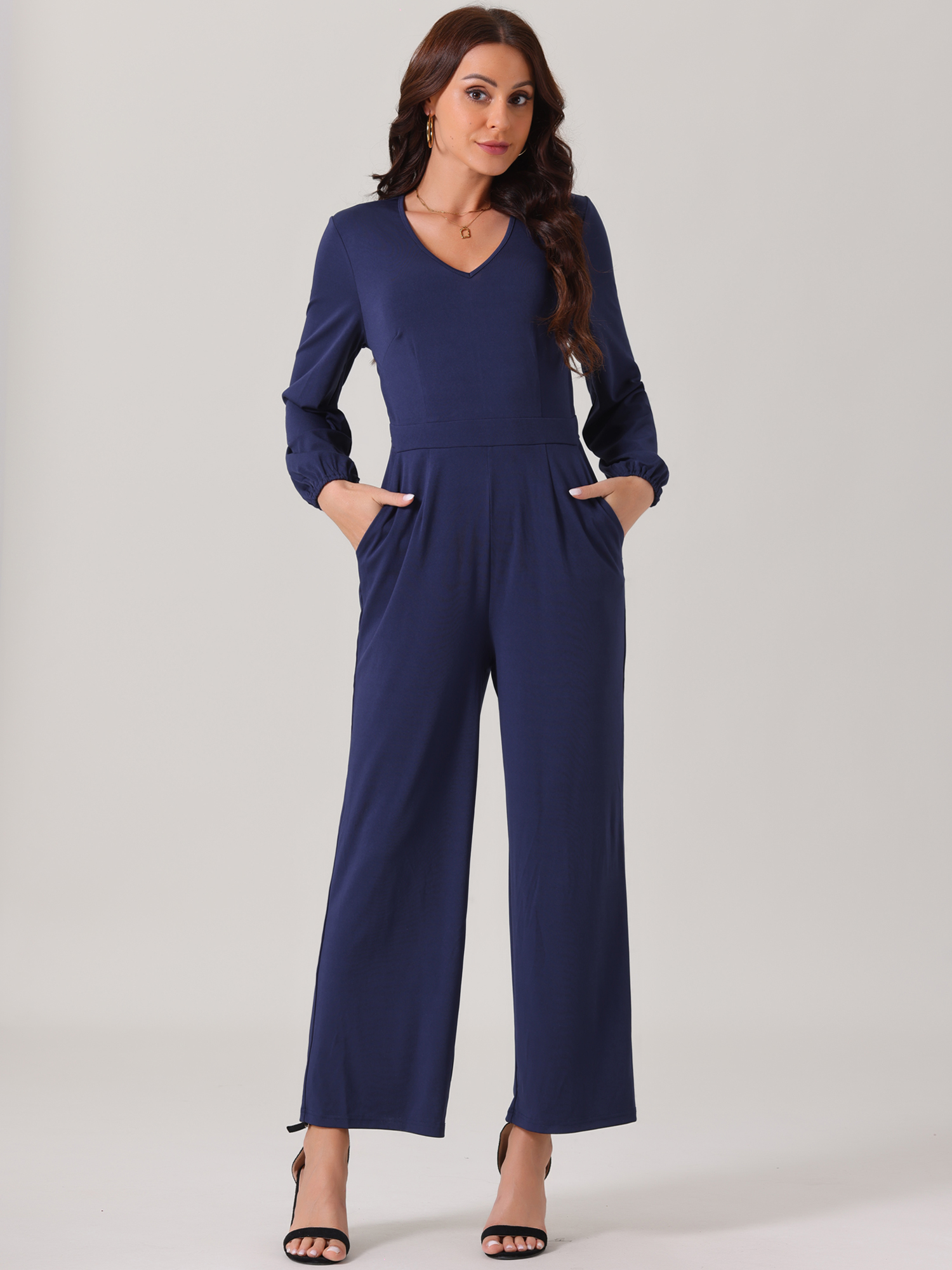 DARING DIVA Women's V Neck Long Sleeve High Waisted Wide Leg Jumpsuits L Dark Blue