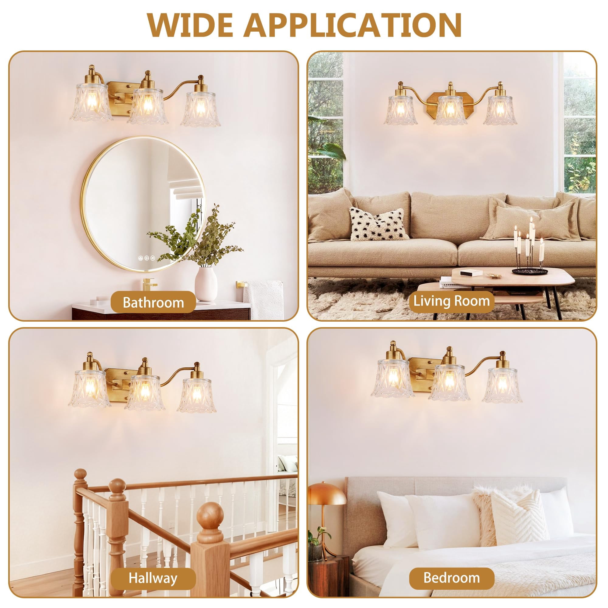22" Gold Bathroom Light Fixture  3 Brass Vintage Vanity Antique Finish With Crystal Glass Shade Suit For Bedroom Or Hallway