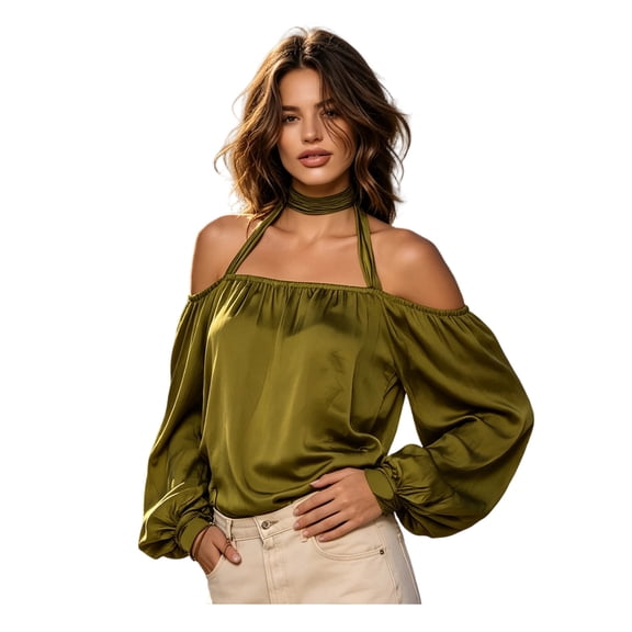 Quixlent Summer Women Off-Shoulder Shirt, Long Sleeve Casual Halter Top, Solid Color Loose Satin Blouse for Daily Office Wear