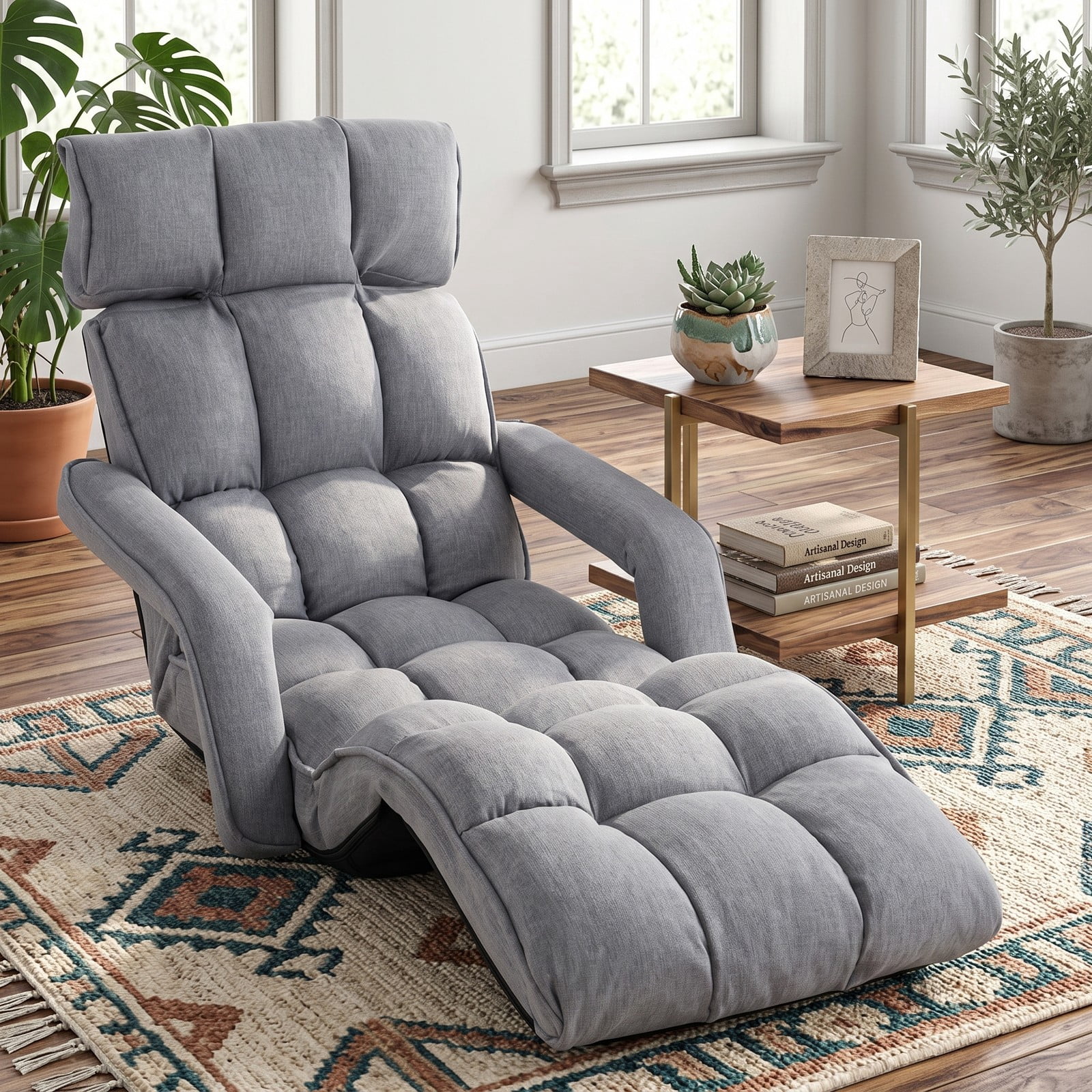 Furnibear 6-Position Adjustable Floor Chair, Foldable Lazy Sofa Recliner with Adjustable Armrests and Footrest, Padded Gaming Floor Sofa Bed for Living Room, Gray