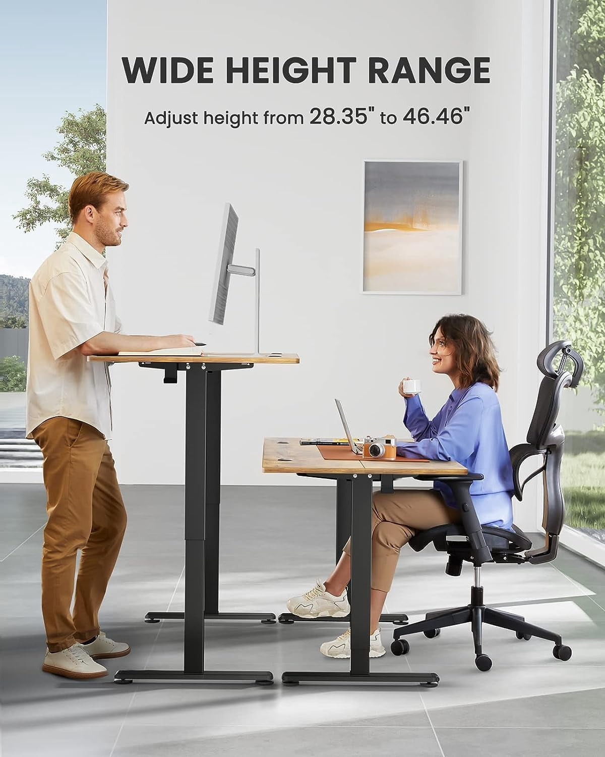Kyspho Height Adjustable Electric Standing Desk, 55 x 28 Inches Sit Stand up Desk, Large Memory Computer Home Office Desk with Two-Piece Desktop (Vintage Brown)
