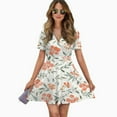 thumbnail image 2 of Peach Watercolor Floral Pattern Design Women Dress V-Neck Short Sleeve Flowy Swing Party Midi Dress, 2 of 4