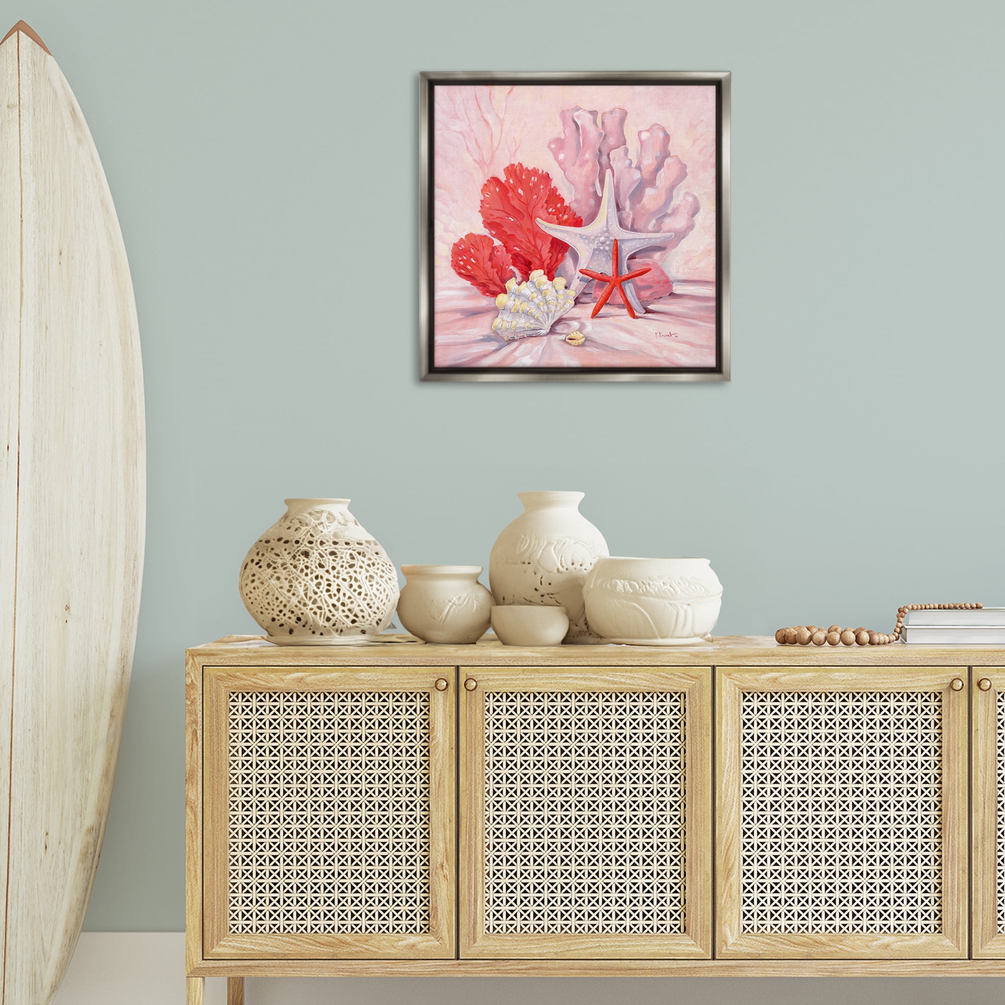 Stupell Industries Pink Gathered Sea Life Animals & Insects Painting Gray Floater Framed Canvas Art Print Wall Art, 25 x 25