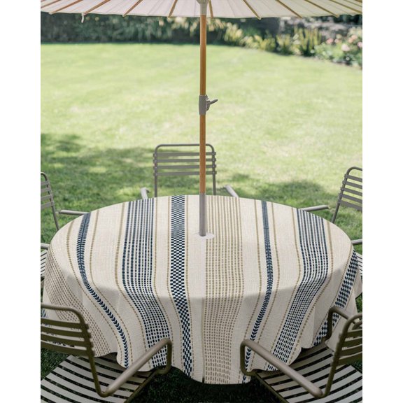 Outdoor Tablecloth with Umbrella Hole, Vintage Boho Striped Zippered Table Cloth for Square Tables, Navy Blue Beige Stripe Washable Waterproof Tablecloths for Picnic Patio Garden