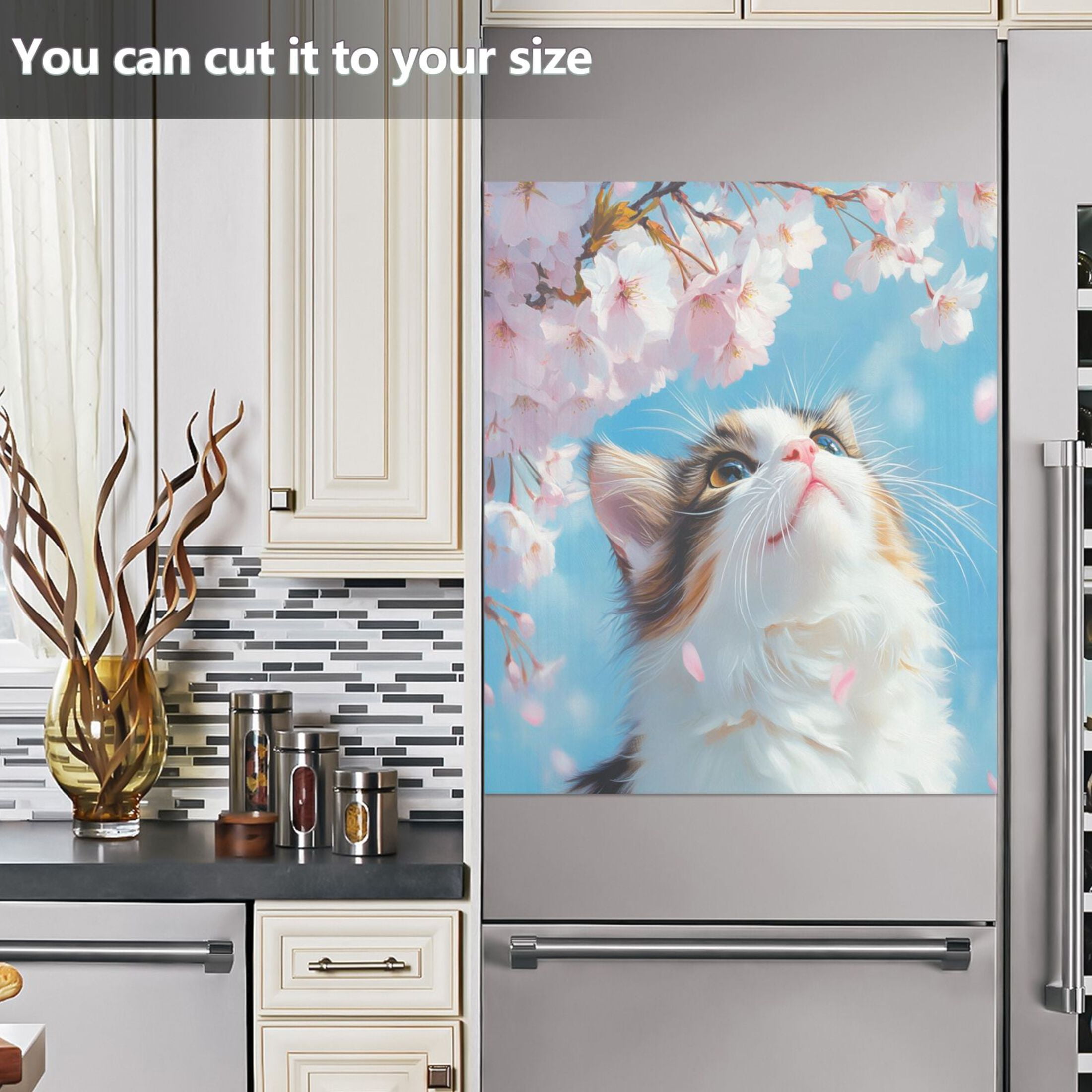 Dishwasher Magnetic Sticker 23x26 Inch Refrigerator Magnetic Sticker Washing Machine Magnetic Sticker Kitchen Panel Magnetic Sticker Home Decor Cherry Blossom White Cat