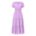 thumbnail image 5 of Bysome Women Dresses Solid Color Short Sleeve V-Neck Pleated Flowy Dress Summer Comfortable Women Dress Size L Purple, 5 of 5