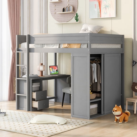 Pinovk Wood Full Size Loft Bed with Wardrobes and 2-Drawer Desk with Cabinet, Gray
