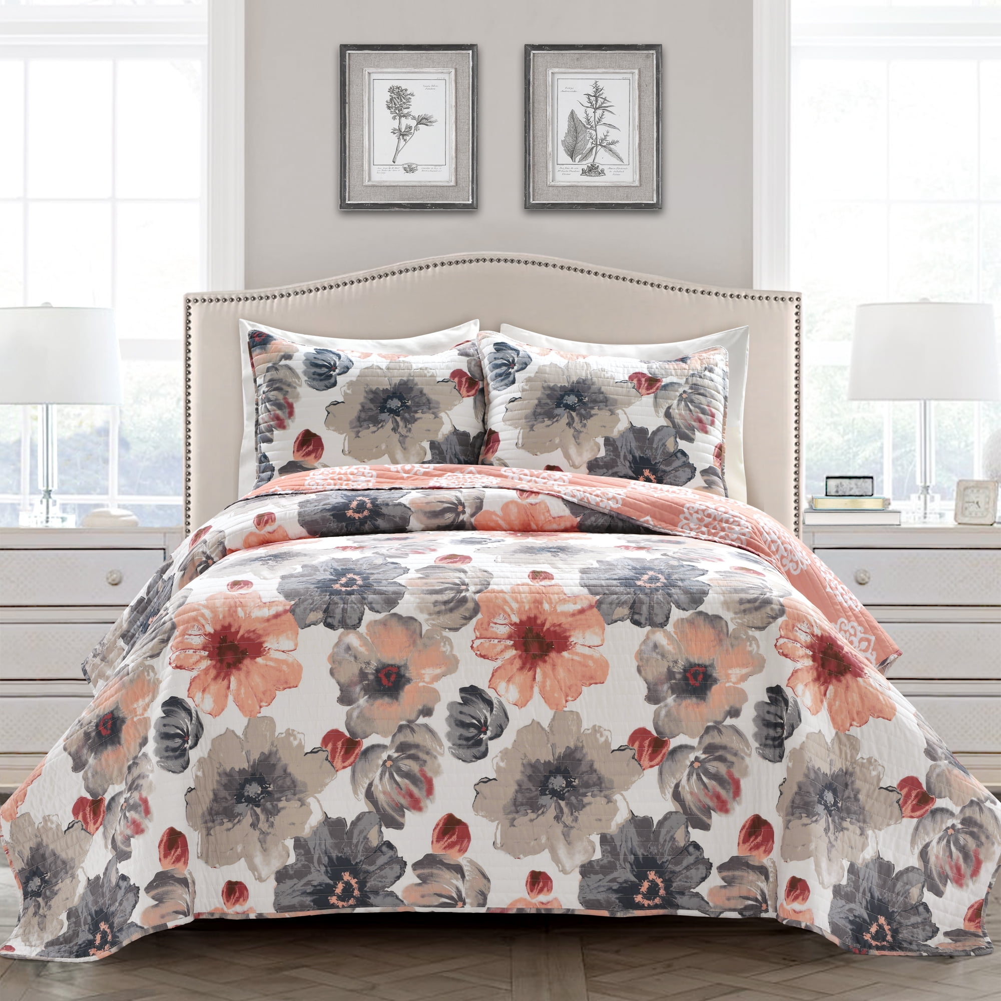 Leah Floral Reversible 3 Piece Full Queen Quilt Sham Bedding Set