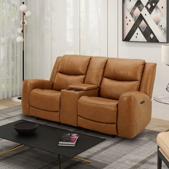 Roundhill Furniture Cozura Leather Power Dual Recling Loveseat with Console, Silverado Butternut