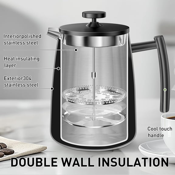 50oz French Press Coffee Maker – 304 Stainless Steel, Insulated Coffee Press with Extra Filter, Black