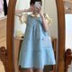 thumbnail image 5 of Vestido general de 2 piezas, lindo y dulce ribete de volantes, camisa con cuello vuelto, vestido general suelto de línea A para verano, amarillo y azul L, 5 of 8