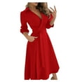thumbnail image 2 of ZHOGXU Women's Dress Long Sleeve V Neck Solid Color Lace Up Fashion Comfortable Slim Fit Dresses With Pockets For Casual Daily Wear,Red,L, 2 of 7