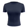 thumbnail image 5 of FINALGANG Womens Solid Color Crewneck Short Sleeve Crop Top Stretchy Slim Fit Casual Basic Tees For Summer Workout Daily Wear Blue L, 5 of 5