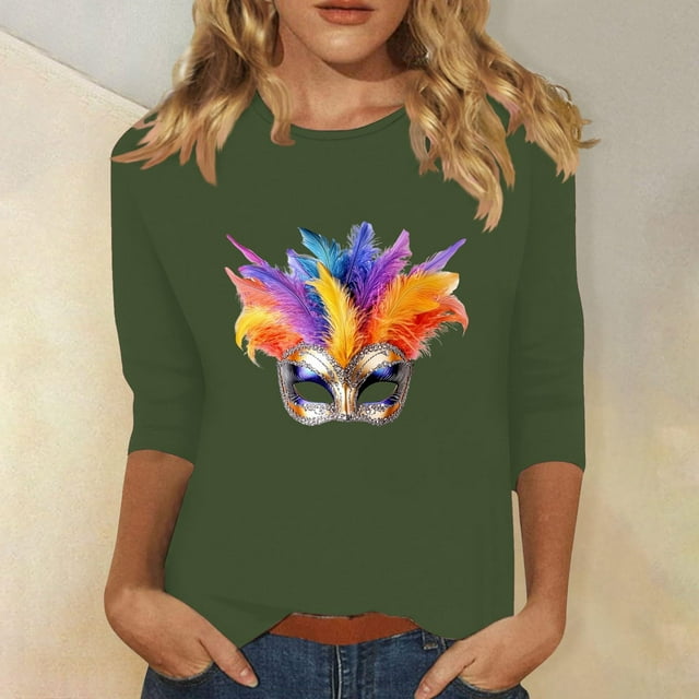 Nuoqisi T-Shirt Imprimé pour Célébration de Carnaval - T-Shirt Décontracté à Col Rond et Manches 3/4 pour Femmes, pour Parades de Festival, Fêtes de Costumes, Tenues de Style Urbain Coloré et Thème de Mascarade