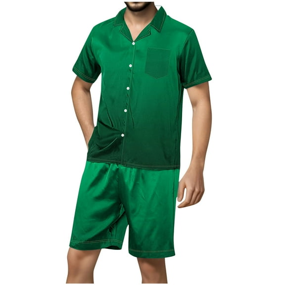 YLSDY Men Silk Pajama Set Sleepwear Short Sleeve Button Down Pajamas Summer Loungewear 2 Piece Pj Set with Pockets Army Green 12