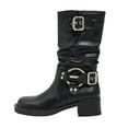 thumbnail image 6 of Mid Calf Combat Riding Boots for Women Slouchy Leather Buckle Square Toe Chunky Heel Winter Fall Tall Boots Black, 6 of 8